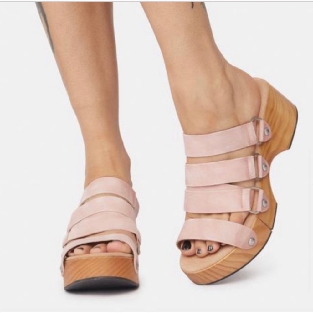 Free People Blush Pink Strappy Wood Platform Sandals